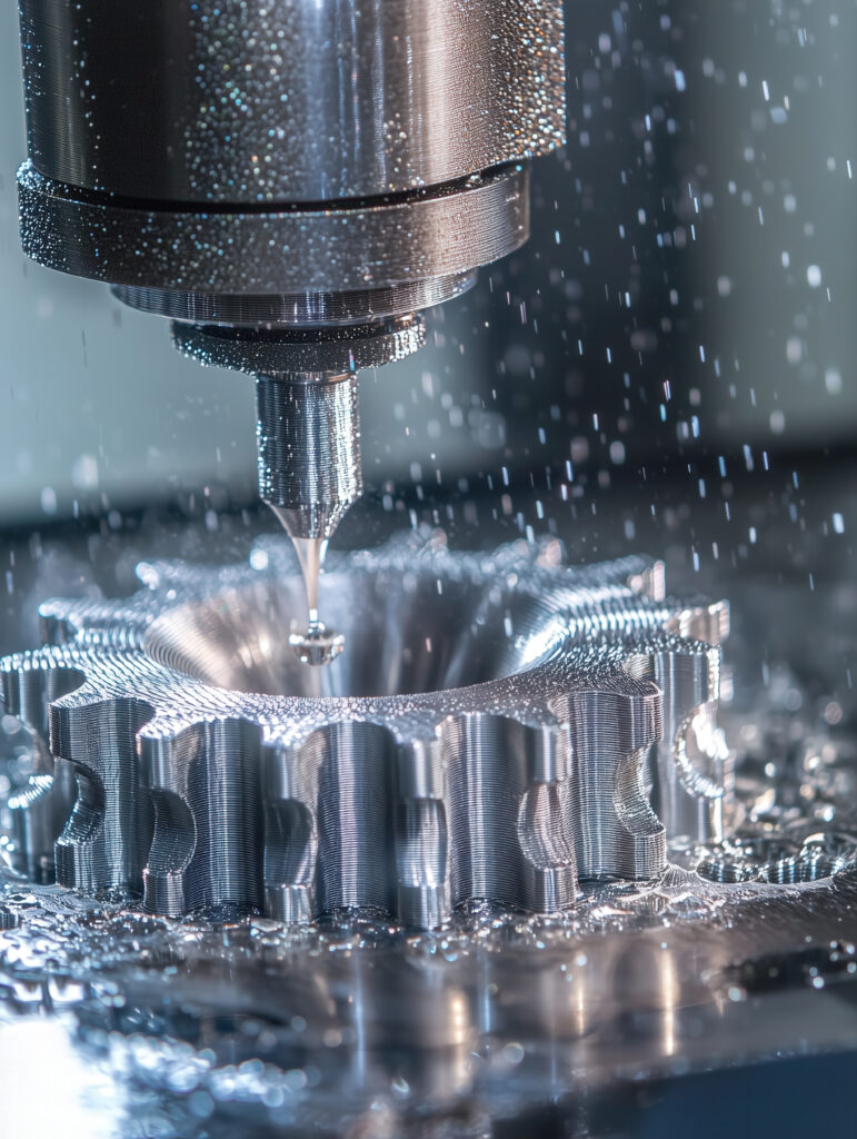 oil-1 metal gear being precisely machined by cnc milling machine with coolant spraying, showcasing industrial manufacturing process and metalworking technology