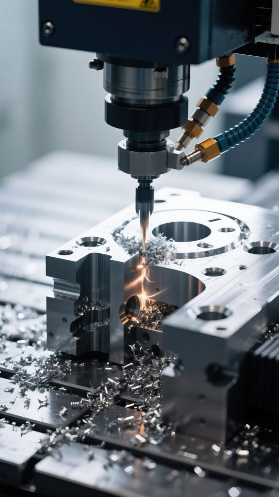 aerospace close up of a cnc milling machine cutting a metal part with sparks flying and metal shavings scattered around, showcasing precision machining and manufacturing processes .